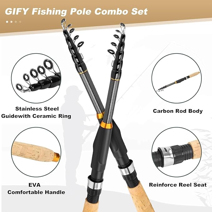 6.9FT 2PCS Telescopic Fishing Rod and Reel Combo, Collapsible Fishing Pole Set with Lip, Spinning Reel Line Lures Set with Carrier Bag, Saltwater Freshwater Fishing Gear for Adults