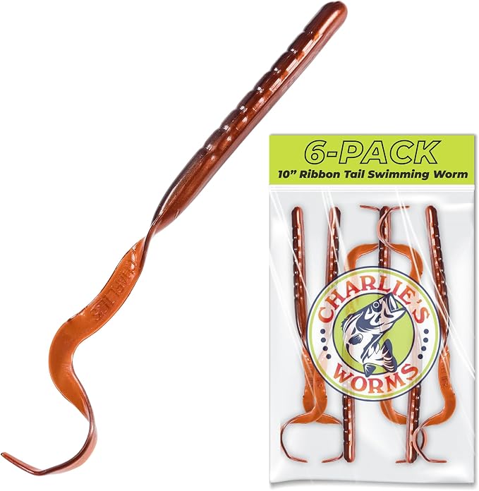 Charlie's Worms 10" Ribbon Tail Soft Plastic Worms for Bass Fishing, Freshwater & Saltwater Lures, Scented Swim Bait, Texas Rigged, Weedless, Large & Smallmouth, White Firetail, 6-Pack