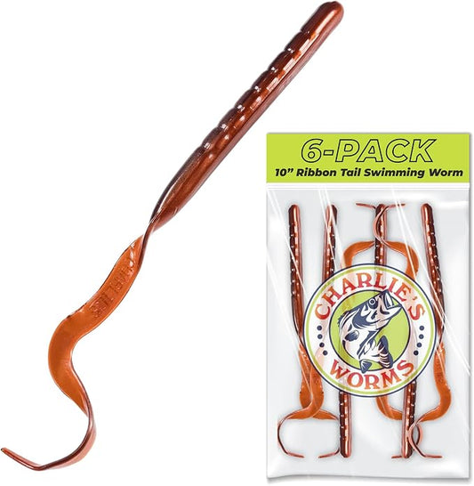 Charlie's Worms 10" Ribbon Tail Soft Plastic Worms for Bass Fishing, Freshwater & Saltwater Lures, Scented Swim Bait, Texas Rigged, Weedless, Large & Smallmouth, White Firetail, 6-Pack