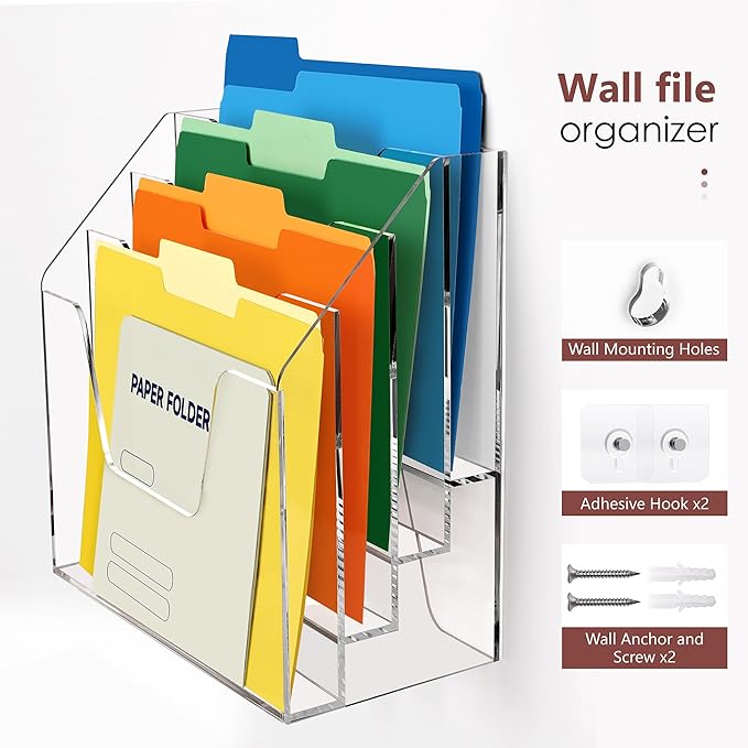 DINGHUO Acrylic Desk File Mail Organizer Wall Mounted, 4-Tier Hanging File Folder Holder, Clear Office Magazine Rack (Adhesive Hooks x 2)