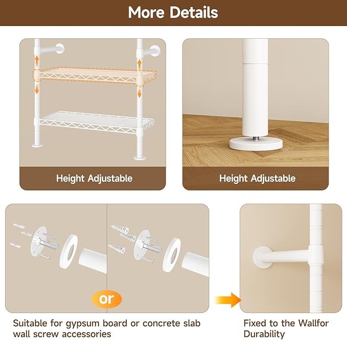 H5 Wall Mounted Closet System, Industrial Pipe Clothes Racks Clothing Rack with 4 Telescopic Rods & 3 Fixing Rods & 9 Shelves, Heavy Duty Closet Organizers and Storage in Wardrobe Closet (White)