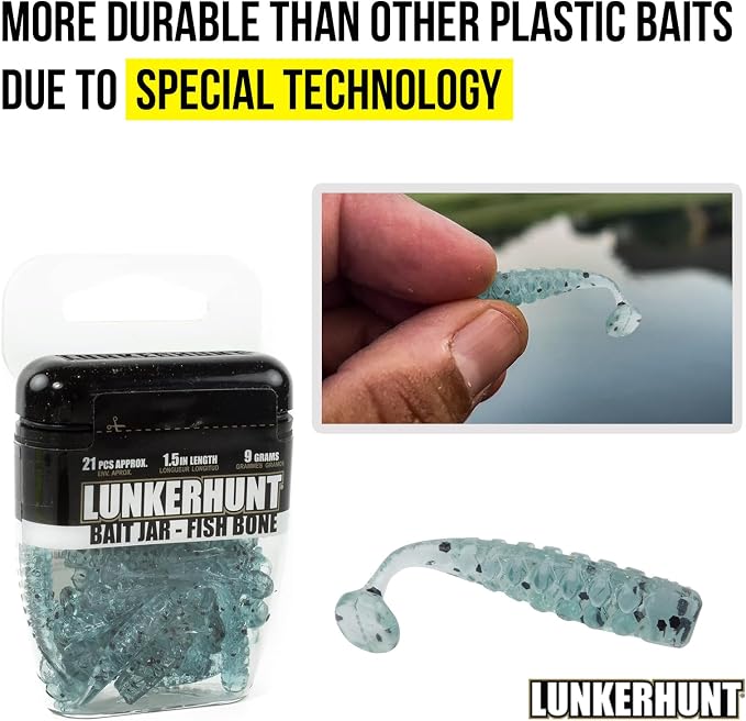 LUNKERHUNT Fishing Jar with Unique Scent Attractant | 1.5-Inch Durable Bait for Ice Fishing | Reusable Soft Plastic Lure for Bass, Trout and Pike