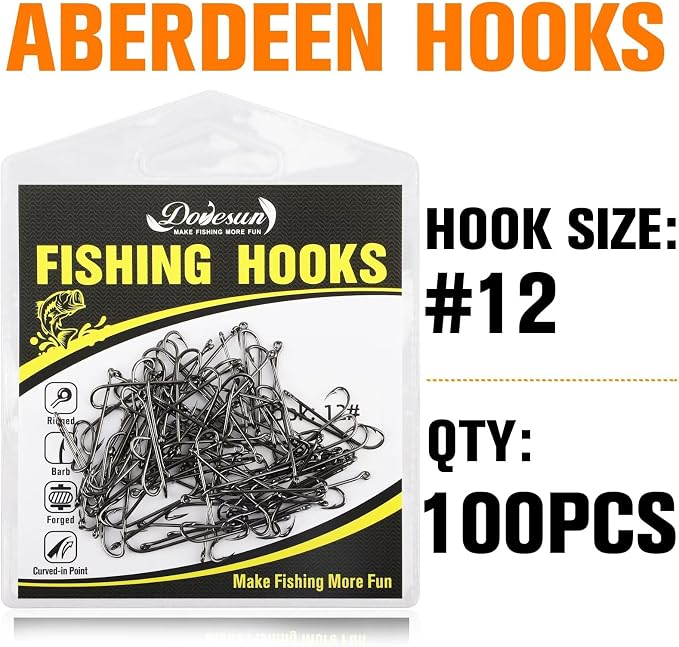 Dovesun Fishing Hooks Freshwater Aberdeen Fishing Hooks 100Pcs Long Shank High-Carbon Steel Worm Hooks Small Bass Trout Crappie 12# 10# 8# 6# 4# 2# 1# 1/0 2/0