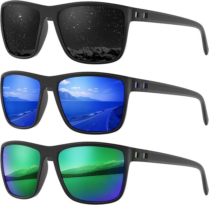 Fanshen Square Polarized Sunglasses for Men, 3 Pack Lightweight UV Protection Sun Glasses for Driving Fishing Golf