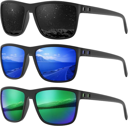 Fanshen Square Polarized Sunglasses for Men, 3 Pack Lightweight UV Protection Sun Glasses for Driving Fishing Golf