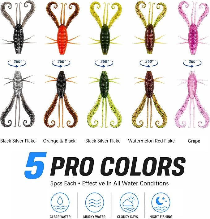 49pcs Soft Fishing Lures Kit – Texas Rig Kit for Bass Fishing with Silicone Shrimp Baits, Hooks, Weights & 3D Eyes – Bass, Crappie & Trout Tackle for Freshwater & Saltwater