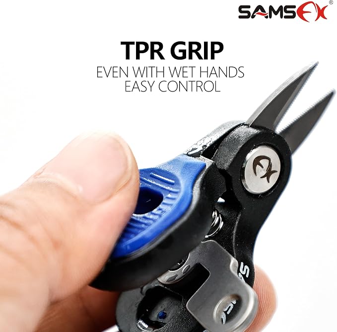 SAMSFX Fishing Nipper with Retractable Tether, Stainless Steel Blades that Cut Braid, Mono and Fluoro Lines, SNIP, Fishing Line Cutters (Blue)