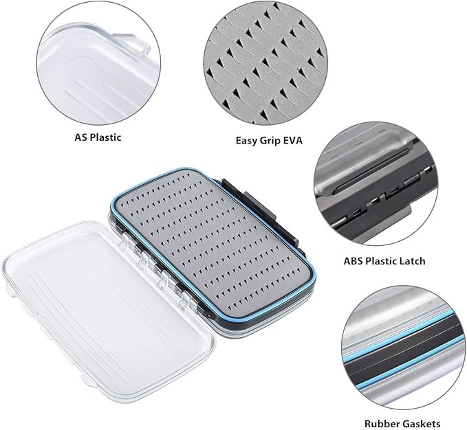 Gonex Fly Boxes for Fly Fishing Jig Boxes Two-Sided Waterproof Lightweight Fly Fishing Box Easy Grip Transparent Lid Fly Fishing Lures Box, 7.3"x 4.6"x 1.5", Grey