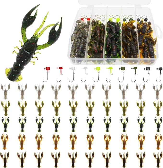 Soft Plastic Crawfish Lures Kit with Jig Heads, 25pcs/60pcs Creature Baits Fishing Lure Set for Bass Trout Pike Freshwater Fishing