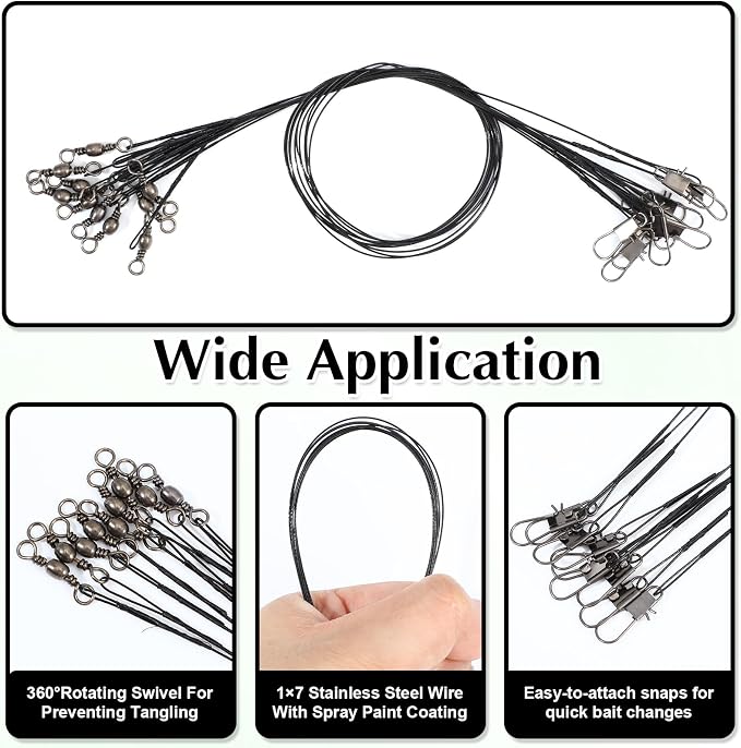 50 Pcs Fishing Leaders, Steel Wire Leaders with Swivels and Snap Connectors, High Strength Anti-Bite Wire Leader Line Kit for Saltwater Freshwater, 4/6/8/10/12 Inch Fishing Gear Equipment (Black)