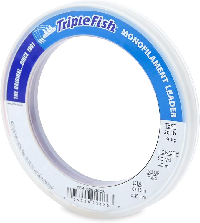 Triple Fish Monofilament Fishing Leader - Clear, Camo Strong Tough Leader Material for Big Game Fishing, Up to 400lb Test