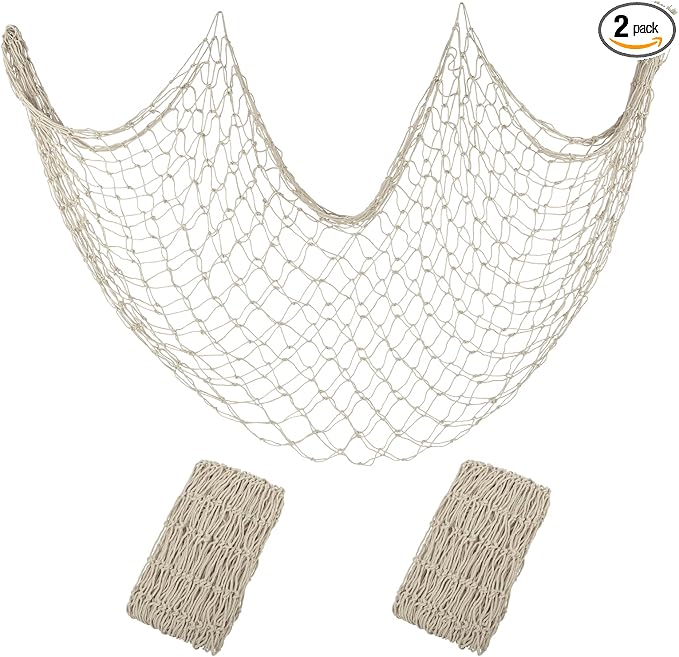 Patioland Decorative Fishing Net 2 Pack, 80x40 Inch Large Beige Fish Net Decor for Wall, Photo Display, Nautical Mermaid Pirate Ocean Themed Beach Hawaii Under the Sea Party Decorations