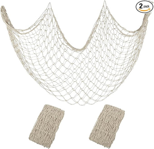Patioland Decorative Fishing Net 2 Pack, 80x40 Inch Large Beige Fish Net Decor for Wall, Photo Display, Nautical Mermaid Pirate Ocean Themed Beach Hawaii Under the Sea Party Decorations