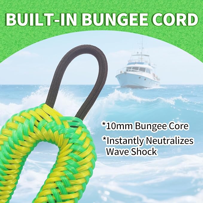 2-Pack Bungee Dock Lines for Boats with Loops, Boat Tie Downs for Docking, Adjustable Boat Mooring Rope for Pontoon, Jon Boat & PWC (Green & Yellow, 4 FT)