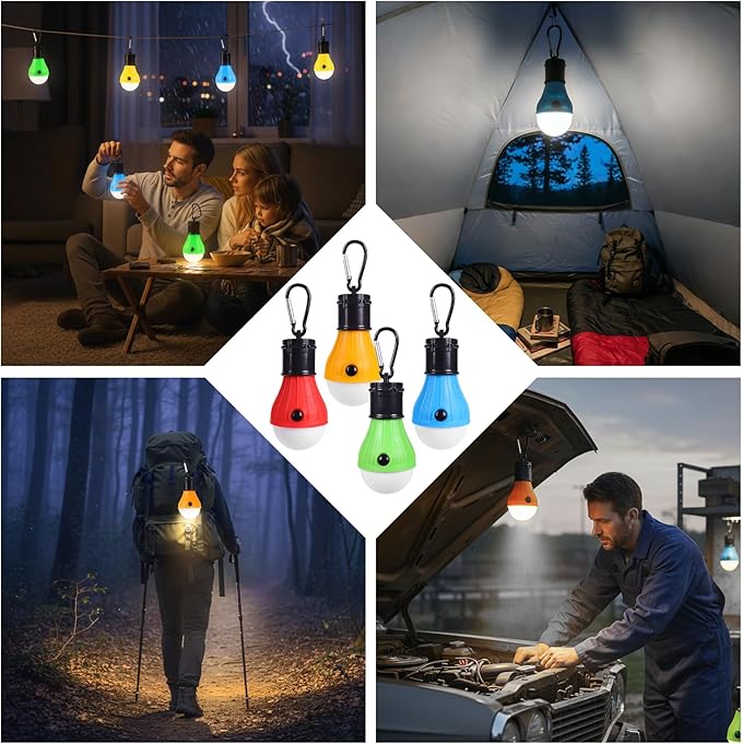 4PCS LED Camping Lantern Set – Portable Tent Lights with Clip Hooks & 3 Modes (High/Low/Strobe), LED Camping Lamp for Camping, Backpacking, Hiking, Party, Reading, Emergency