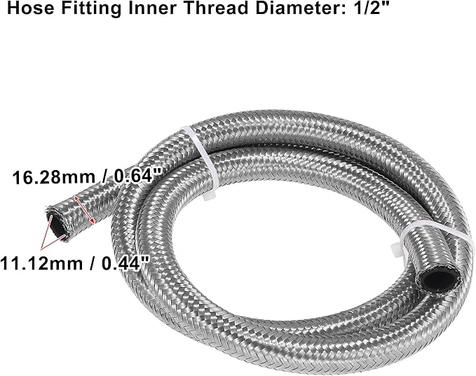 X AUTOHAUX Car Stainless Steel Braided Mesh Hose 3.3ft 1/2" AN8 Fuel Hose Oil Gas Line Silver Tone