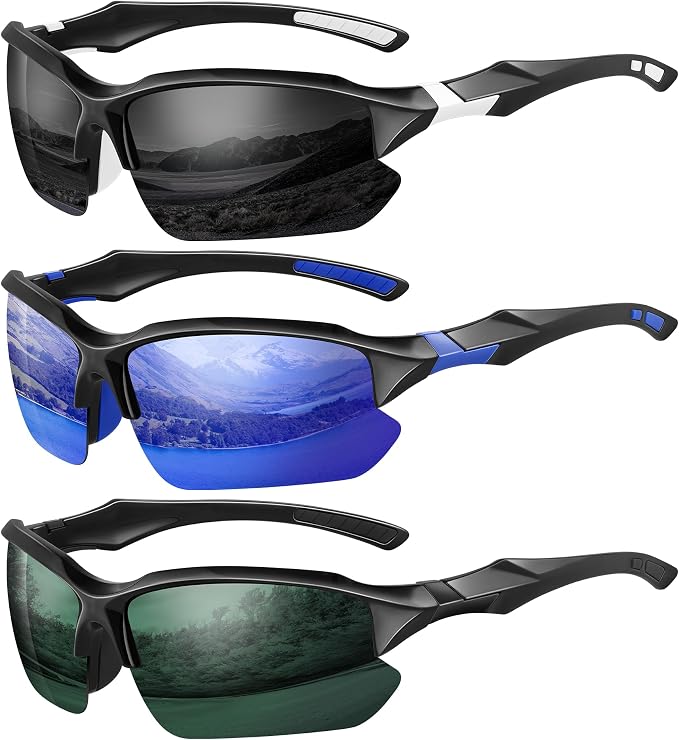 XVXV 3 Pack Polarized Sports Sunglasses for Men, UV Protection Half Frame Sunglasses Comfortable for Running Cycling Driving