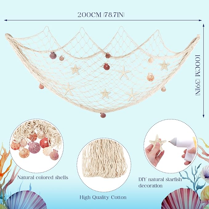 Fangoo 79x39 Inch Nautical Fishing Net Wall Decorations for Under the Sea Party with Shells and Starfish Crafts Bathroom Ceiling Table Decor for Beach Ocean Pirate Wedding Themed Party (beige)