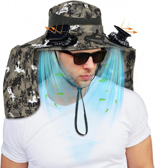 Chuarry Wide Brim Sun Hat with 2 Solar Fans and Neck Flap Outdoor Solar Powered USB Charging Bucket Fishing Hat for Men Women
