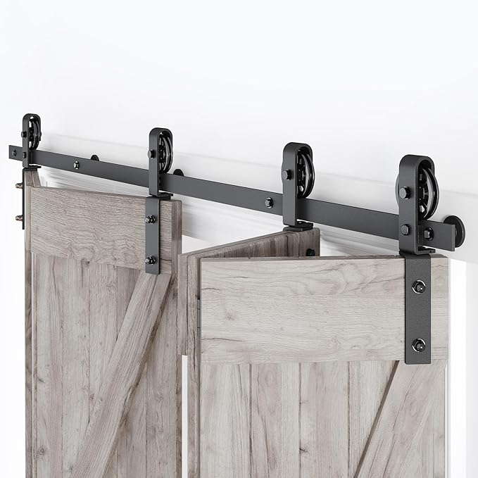 76" Bifold Sliding Barn Door Hardware Track Kit,Side Mounted Black Spoke Wheel Roller,Smoothly and Quietly,Assembly Easy,Fit Four 18" Bi-Folding Doors (Door Not Included)