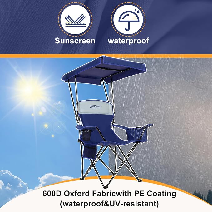 YOUNG WOOD Camping Chair with Canopy, Beach Chair with Shade Lightweight Oversized for All, Easy to Open and Close Without Installation, Side Pocket,Cooling Bag Design for All Activities,Deepblue