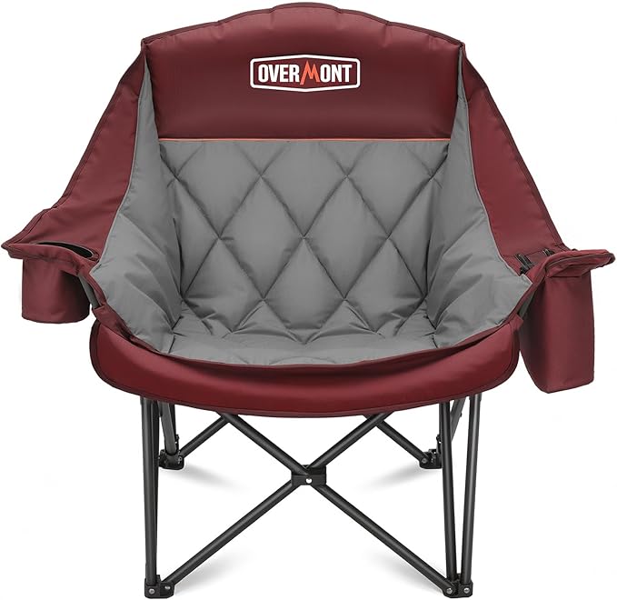 Overmont Oversized XL Camping Chair for Adults - 500lbs Support Heavy-Duty Padded Folding Chair with Side Pocket Cup Holder Cooling Bag for Outdoor Sports Garden Beach Fishing Lawn Red
