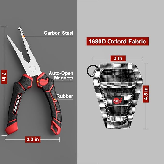 SNAIL TRAIL 7'' Fishing Pliers, Angled Head Split Ring Pliers, Auto-Open by Magnets, Corrosion Resistant Fish Hook Remover, Saltwater Crimping Shot & Wire Cutter Tool