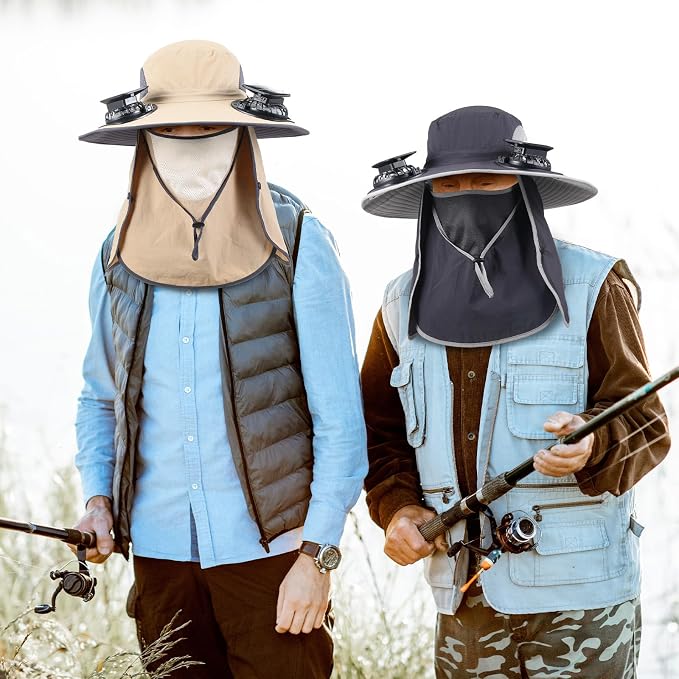 Glitopper 2 Pcs Solar Fan Hat with 2 Fan Wide Brim Removable Face Cover Cooling Fishing Buckets Hats