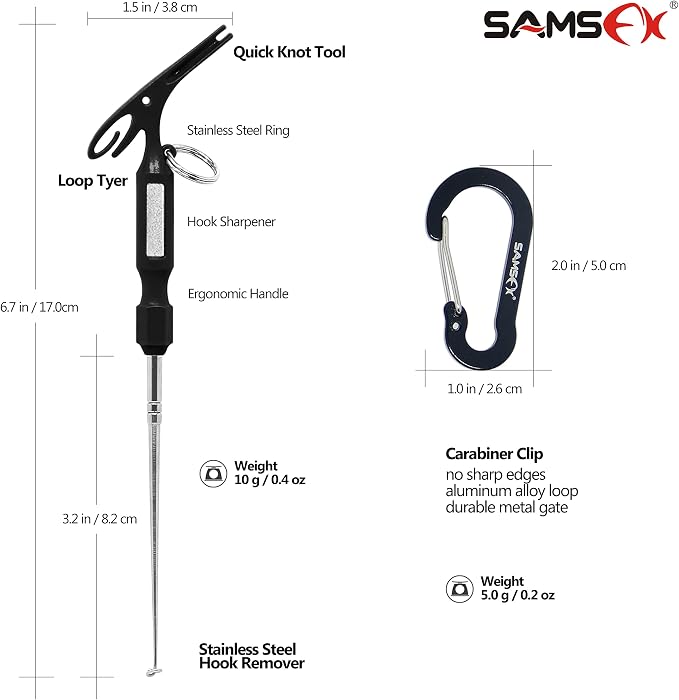 SAMSFX Fishing Hook Removal Tool Hook Quick Removal Device Security Extractor Fish Hook Disconnect Tool, Built-in Loop Tyer, Quick Knot Tying Tool and Hook Sharpener