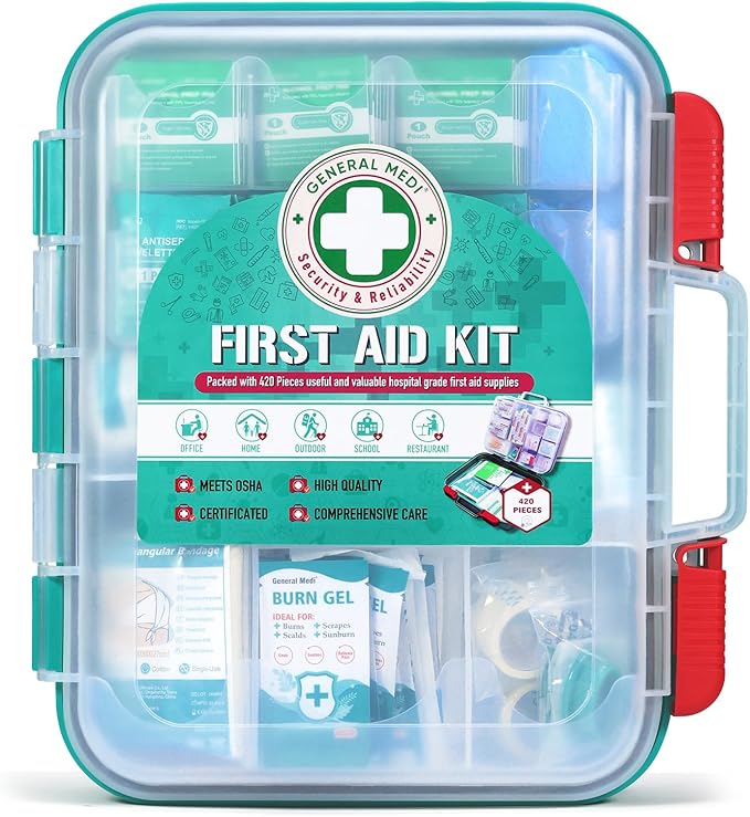General Medi 420 Pieces Professional First Aid Kit - HardCase First Aid Box - Contains Premium Medical Supplies for Travel, Home, Office, Vehicle, Camping, Workplace & Outdoor