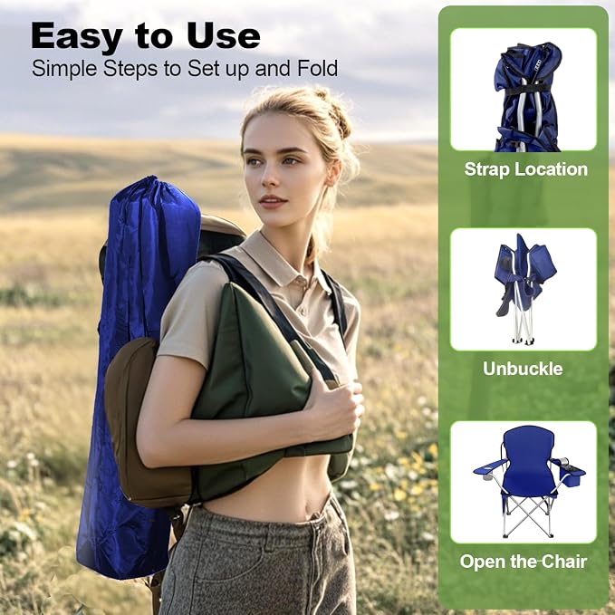 VTOY Folding Camping Chairs Durable 600D Oxford, Portable Outdoor Chair with Cooler Pouch, Cup Holder & Storage Pocket for Camping, Beach, Fishing