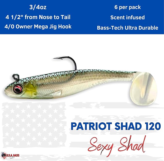 USA Bass Tackle Patriot Shad - Scent Infused Paddle Tail Swimbaits Pre Rigged Fishing Lures Premium Bait Strong Owner Hook, Fishing Gear for Bass Freshwater Predator Fish