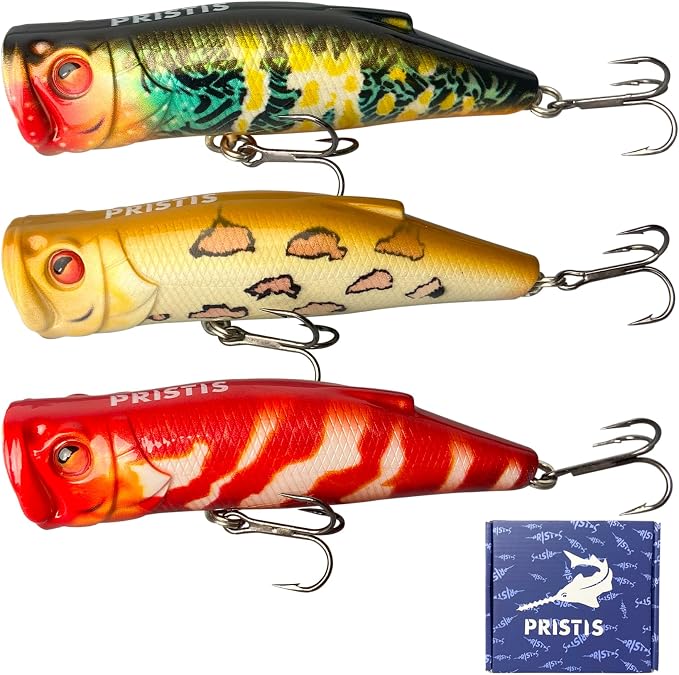 Pristis 3 pcs Topwater Fishing Plopper Lures, Floating Popper Bait Set with Chemically Sharpened Hooks for Saltwater Freshwater, Top Water Plopping Swimbait Teaser for Bass Tuna Perch Pike Crappie