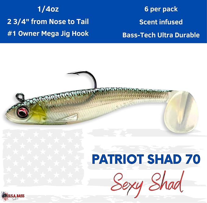 USA Bass Tackle Patriot Shad - Scent Infused Paddle Tail Swimbaits Pre Rigged Fishing Lures Premium Bait Strong Owner Hook, Fishing Gear for Bass Freshwater Predator Fish