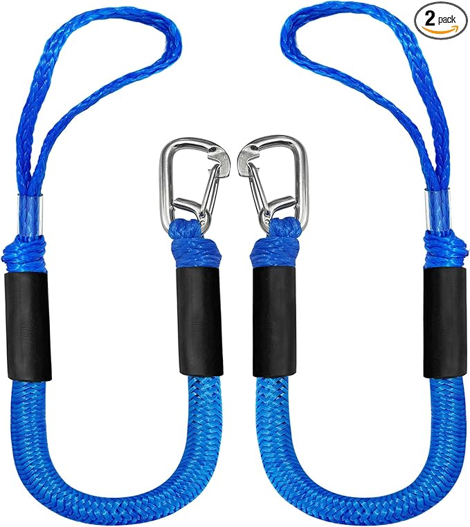 3FT Boat Dock Line Shock Absorbing Mooring Bungee Dock Lines for Boats Accessories Ideal for SeaDoo, Kayak, Pontoon, Power Boat 2PCS(Blue, 3FT-Single Clips)