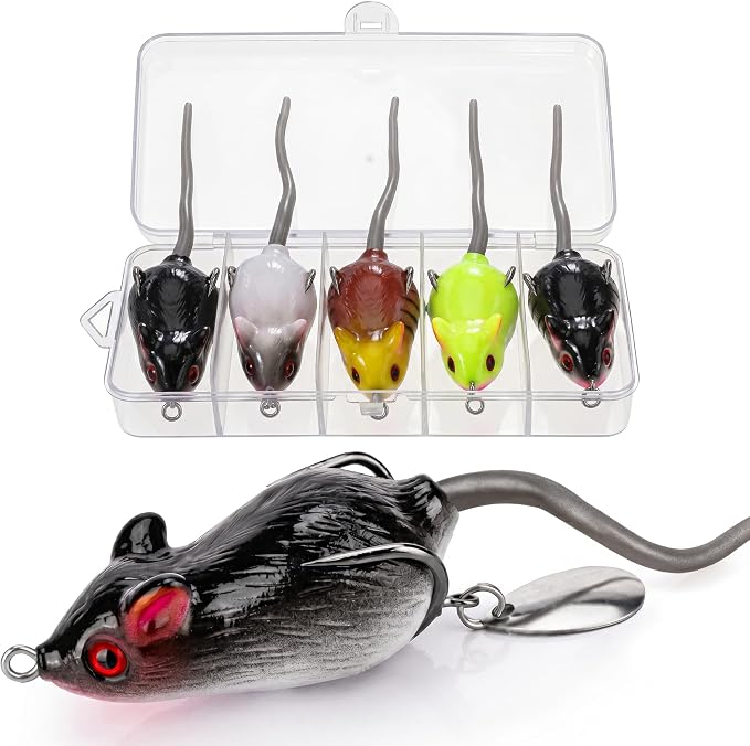 Topwater Mouse Fishing Lures, Realistic Mouse Rat Lure Baits for Bass, Trout, Catfish, Pike, Perch - Rat Lure Includes Tackle Box - Freshwater & Saltwater Angling