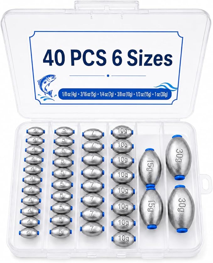 Egg Sinkers Fishing Weights Kit, 40/62pcs 6/7 Sizes Egg Sinker Assortment 1/8-1 oz, Slip Sinkers for Saltwater Freshwater Bass Catfish Fishing, Smooth Bore Lead Sinkers Weights with Tackle Box