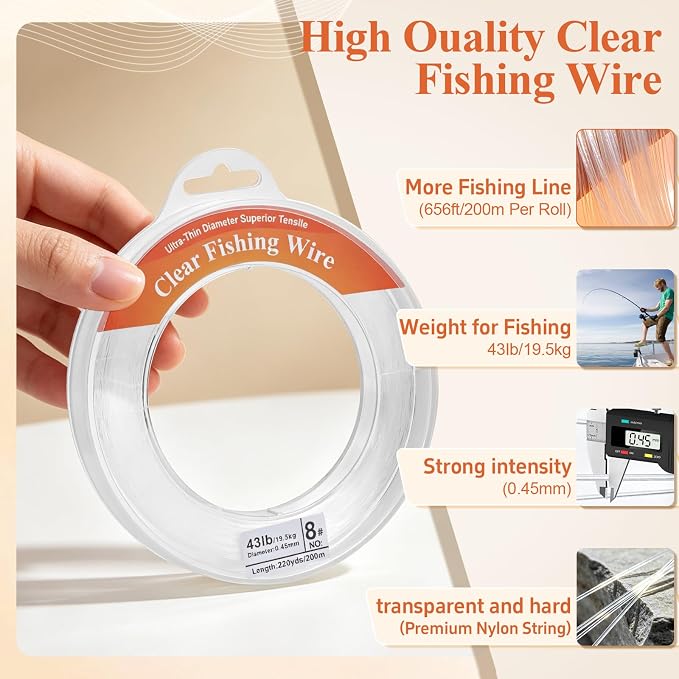 Clear Fishing Line 656FT, Invisible Monofilament Fishing Line Wire, Strong Nylon Fishing Wire for Fishing & Crafts, Clear Hanging String for Balloon Garland, Decorations, DIY Projects