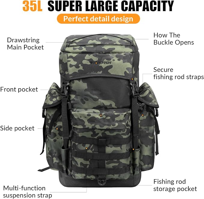 THKFISH Fishing Hunting Backpack Chair with Rod Holder, 35L Large Capacity Storage Tackle Box Foldable Backpack Stool for Adults Fishings, Camping and Hunting