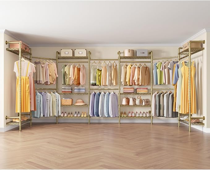 Timate U3 U Shape Garment Rack Heavy Duty Clothes Rack for Hanging Clothes, Expandable Industrial Pipe Clothing Racks Wall Mounted Closets L Shaped Closets Wardrobe Closet System Large Closet Kit Gold
