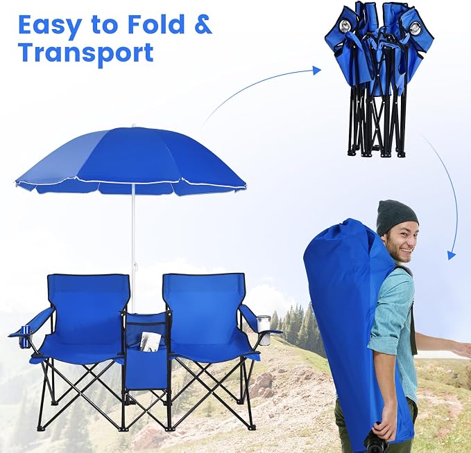 Tangkula Double Camping Chairs with Umbrella, Portable 2 Seat Folding Camp Chair with Cooler Bag, Beverage Holder, Carrying Bag, Foldable Lawn Chair for Outside, Fishing, Picnic, Beach