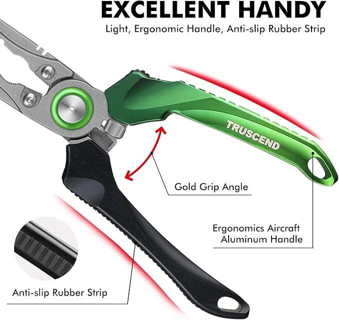 TRUSCEND Easy Use Lockable Fishing Pliers with Tungsten Carbide Cutter, Innovative Ergonomic Handy Handle, Saltwater Corrosion Resistant Teflon Coated Fishing Tool, Light Multi-Function Fishing Gear