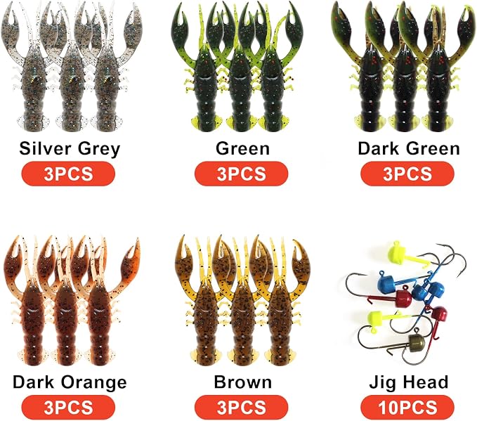 Soft Plastic Crawfish Lures Kit with Jig Heads, 25pcs/60pcs Creature Baits Fishing Lure Set for Bass Trout Pike Freshwater Fishing