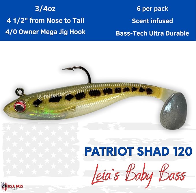 USA Bass Tackle Patriot Shad - Scent Infused Paddle Tail Swimbaits Pre Rigged Fishing Lures Premium Bait Strong Owner Hook, Fishing Gear for Bass Freshwater Predator Fish