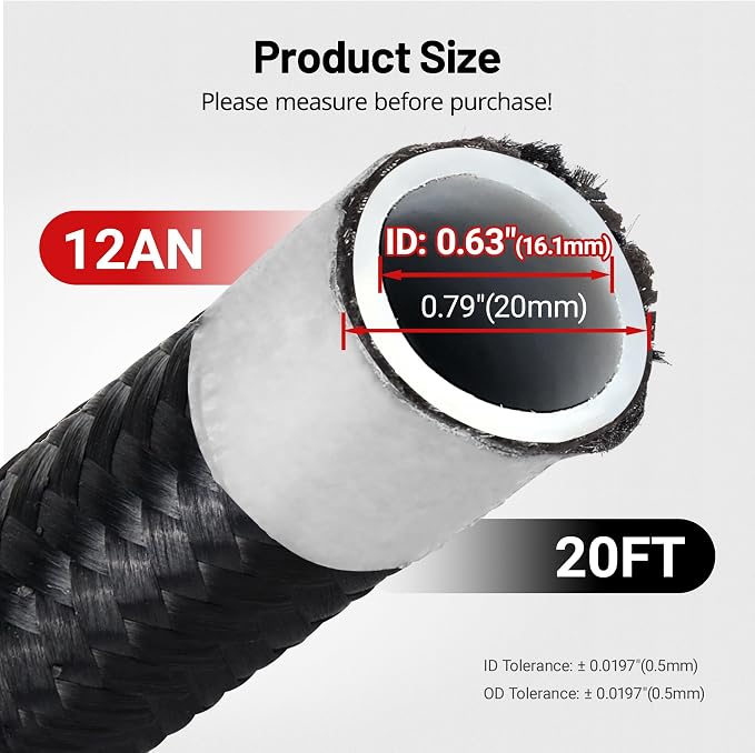 EVIL ENERGY 12AN PTFE Fuel Hose Line, AN12 Fuel Line E85 Nylon Braided 20FT Black