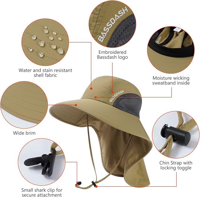 BASSDASH UPF 50+ Unisex Water Resistant Wide Brim Sun Hat with Large Neck Flap Ponytail Fishing Hat for Men Women
