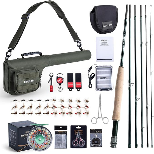 Goture Fly Fishing Rod and Reel Combo with Fly Rod & Gear Case, 9FT 4-Piece Fly Rod, Pre-Spooled Reel, Fly Line, Flies, Leader, Tippet, Forceps, Nipper and Complete Starter Kit