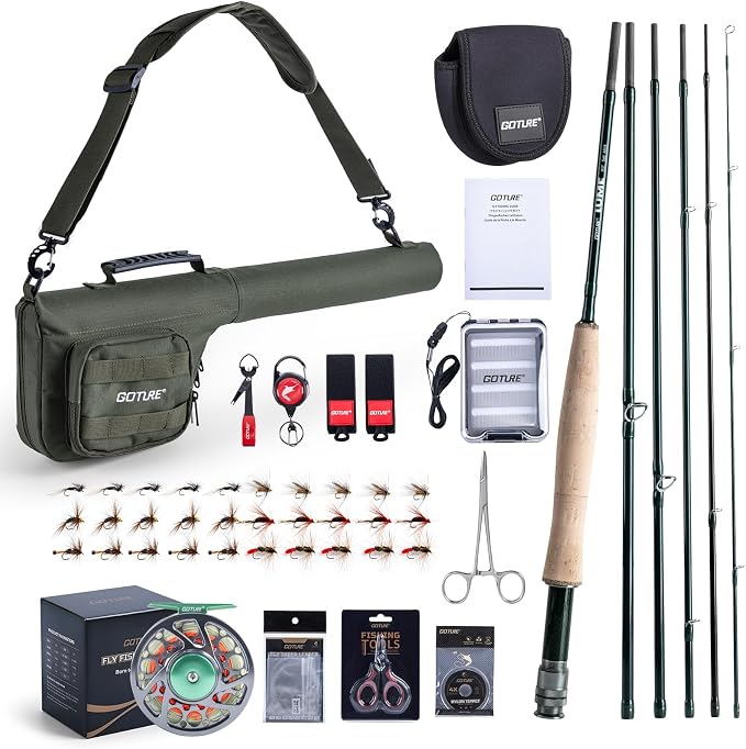 Goture Fly Fishing Rod and Reel Combo with Fly Rod & Gear Case, 9FT 4-Piece Fly Rod, Pre-Spooled Reel, Fly Line, Flies, Leader, Tippet, Forceps, Nipper and Complete Starter Kit