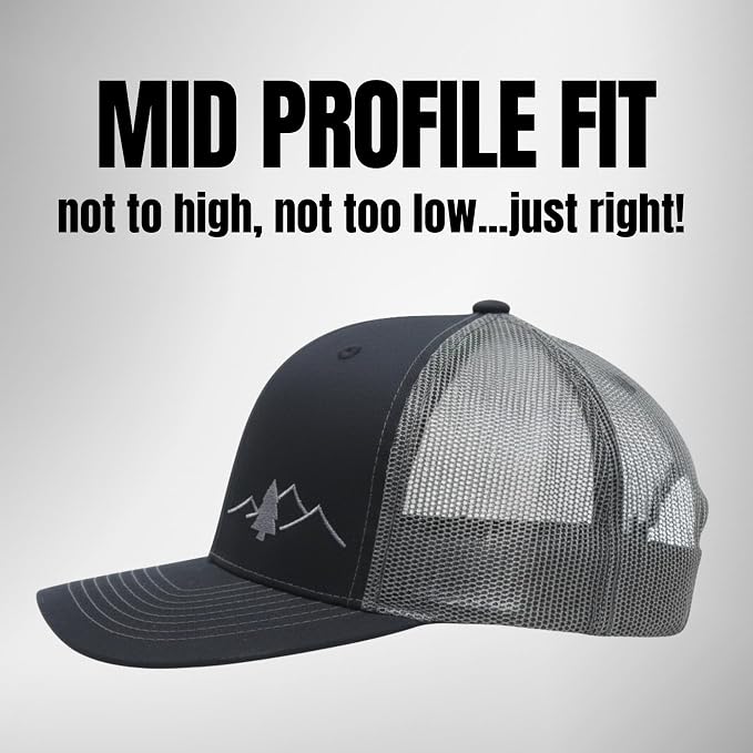LINDO Trucker Hat [ Great Outdoors Design ] for Men and Women: Mid Profile Cap with Breathable Mesh Back and Adjustable Snap