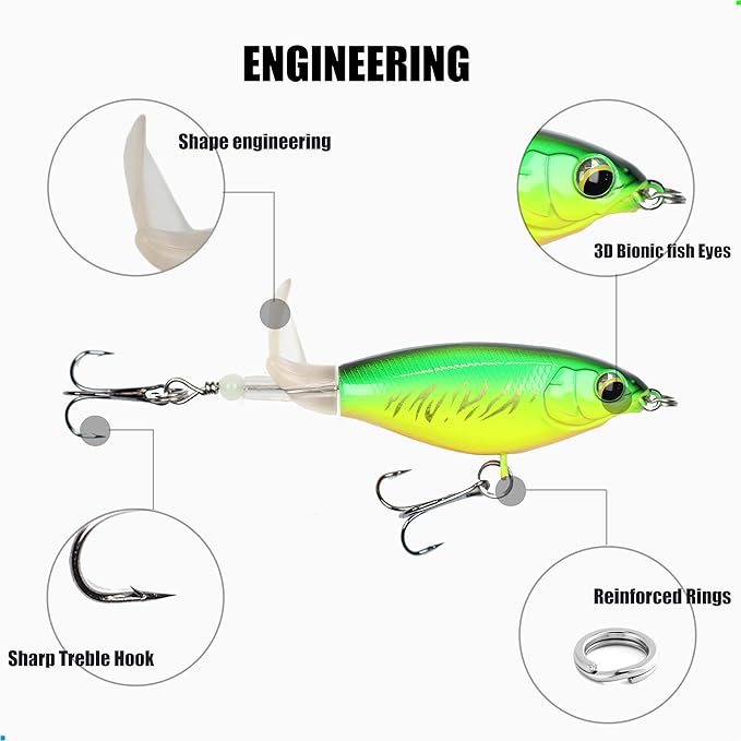 EXAURAFELIS Topwater Buzz Lure, Floating Rotating Tail Fishing Lure, Surface Noisy Hard Bait, Artificial Segmented Bait for Bass, Pike, Trout, Freshwater Saltwater Angling Tackle